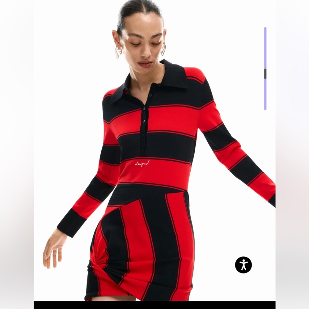 NWT Desigual Red and Black Striped Polo Knit Dress